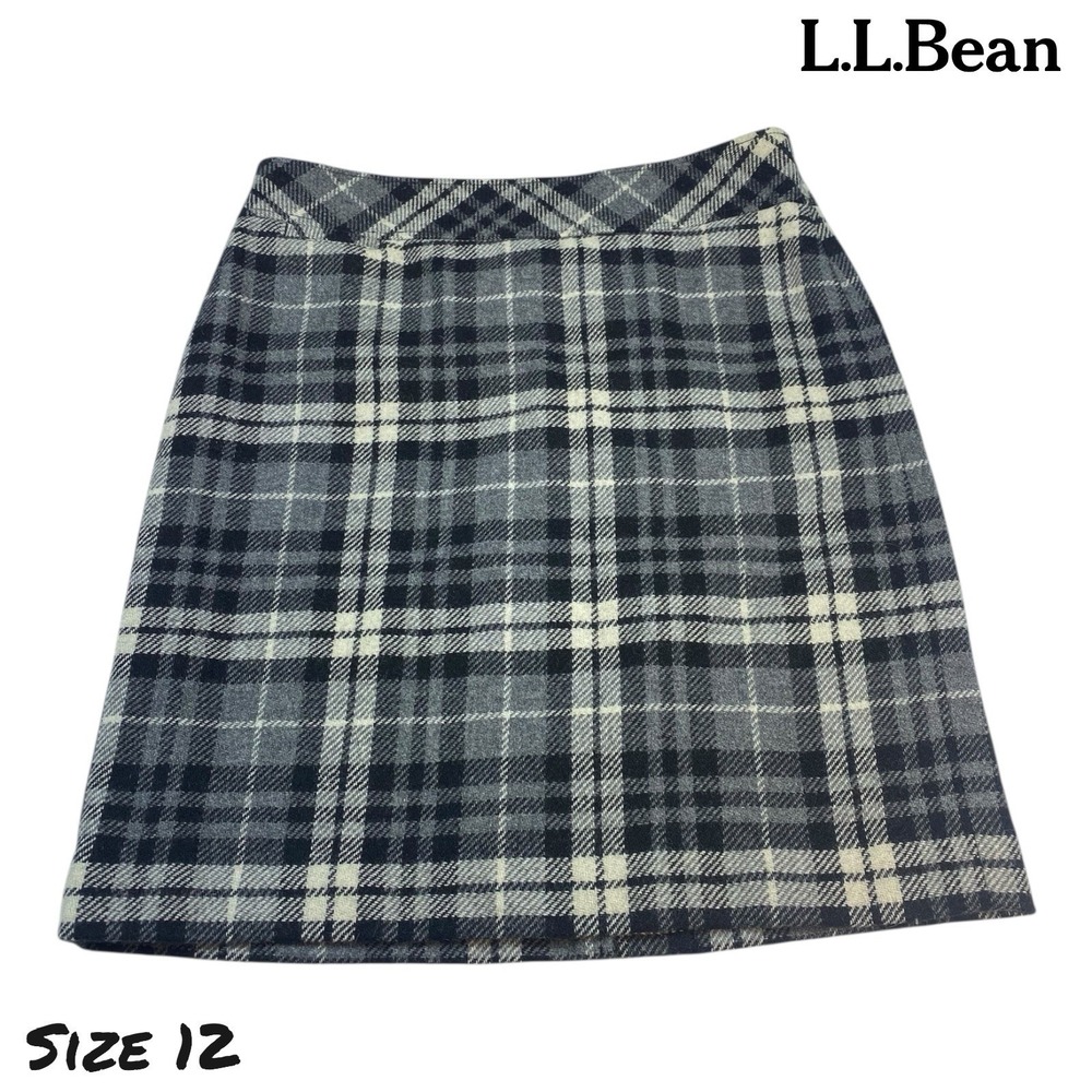 L.L.Bean Women's Wool Blend Plaid A-Line Skirt Gray Black Size 12 Regular